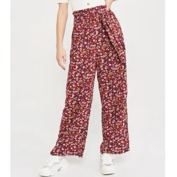 Abercrombie & Fitch Wide Leg Boho Ditsy Floral Red Pants XL NEW Relaxed Fit - Picture 1 of 13